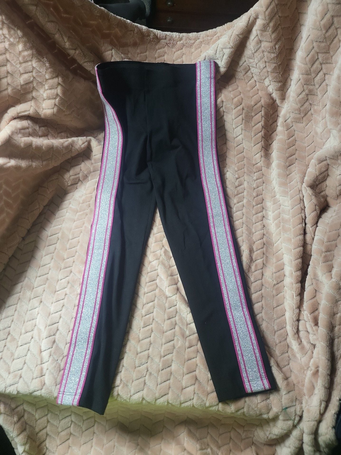 Arena Girls Black Leggings with Pink and Silver Glitter Side Stripes 2