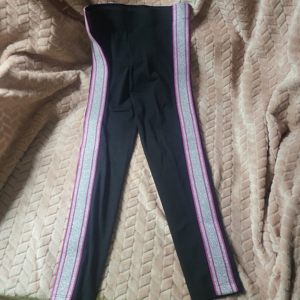 Arena Girls Black Leggings with Pink and Silver Glitter Side Stripes