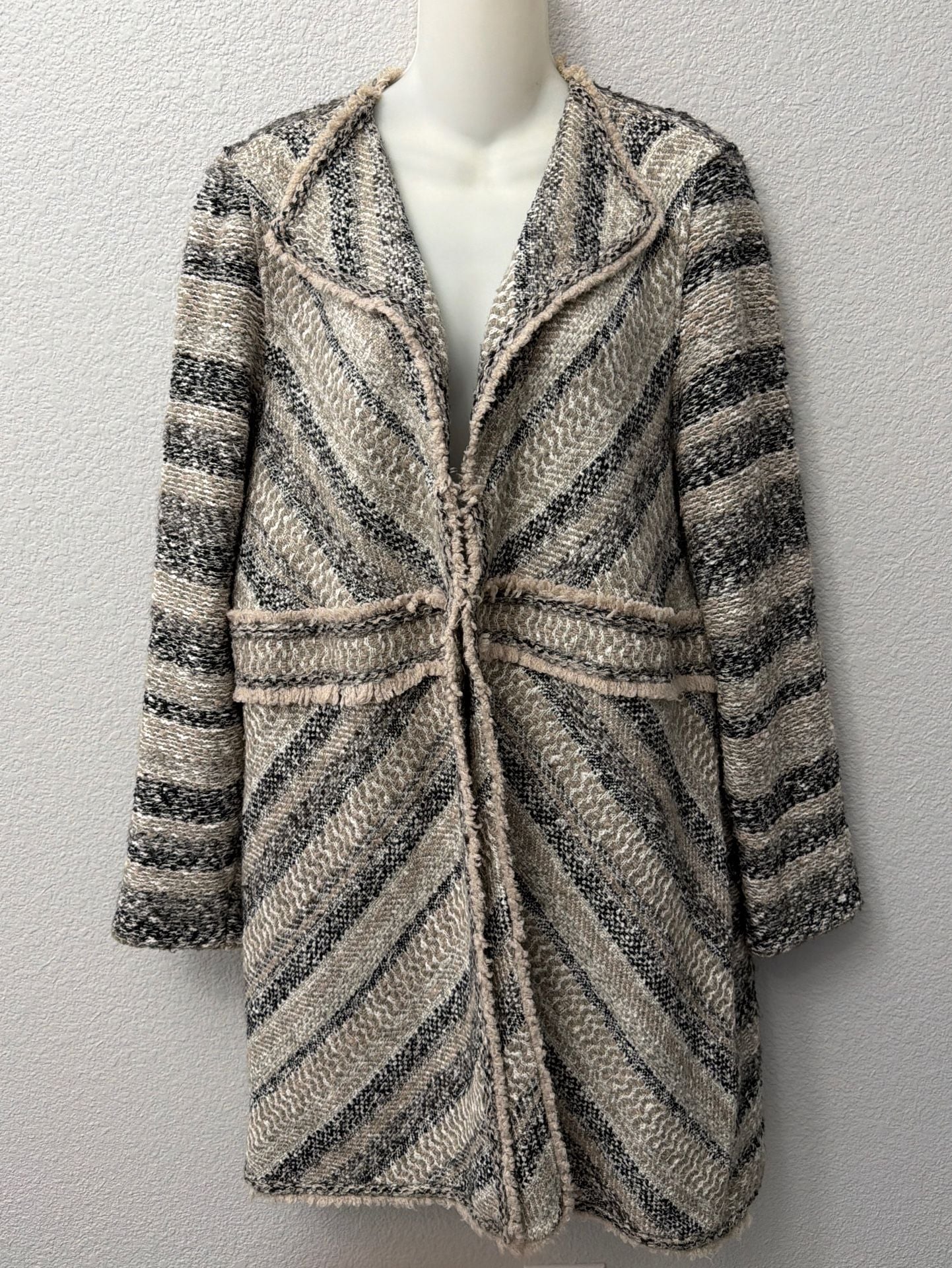 Chico's Multi-Directional Tweed Stripe Fringe Hem Cardigan Jacket 2