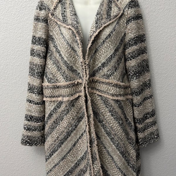 Chico's Multi-Directional Tweed Stripe Fringe Hem Cardigan Jacket