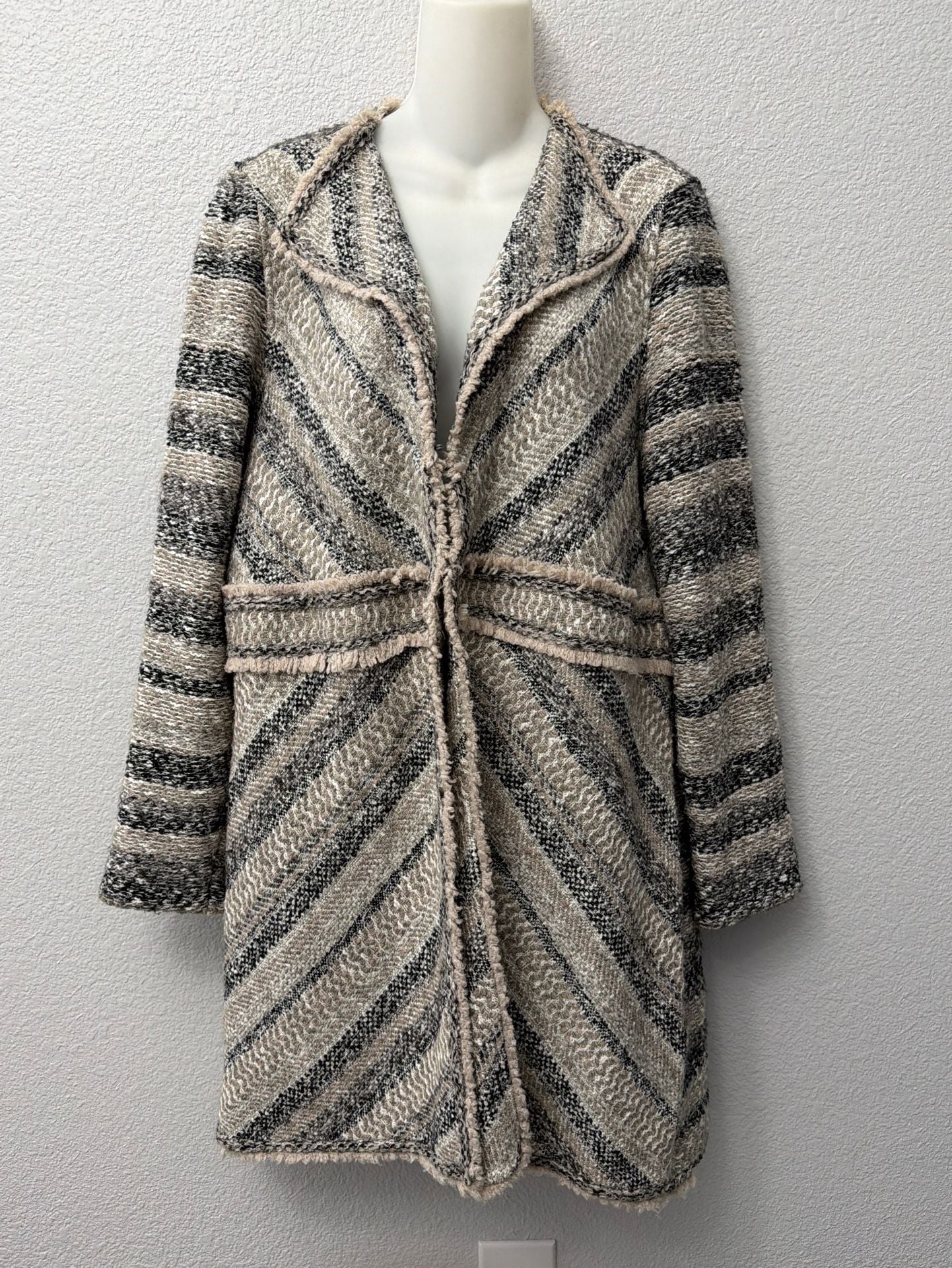 Chico's Multi-Directional Tweed Stripe Fringe Hem Cardigan Jacket 3