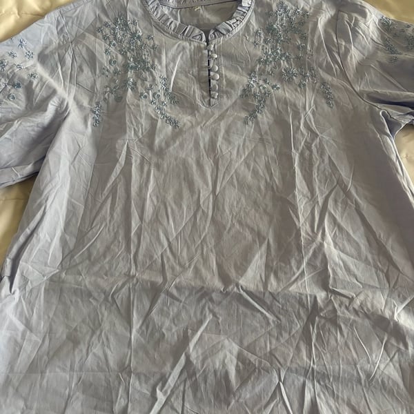 Dazajoo Women's Cotton Linen Button Short Sleeve Shirts Summer Loose Crew Neck Casual Boho Top Vintage Embroidered Blouse