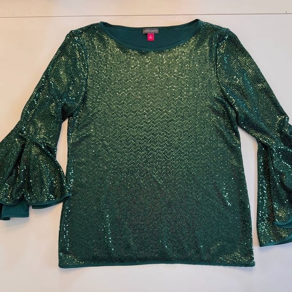 Vince Camuto Sequined Bell Sleeve Top in Arresting Emerald