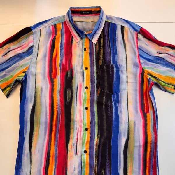 Mcedar Men's Abstract Multicolor Watercolor Striped Short Sleeve Button Up Shirt Size Large