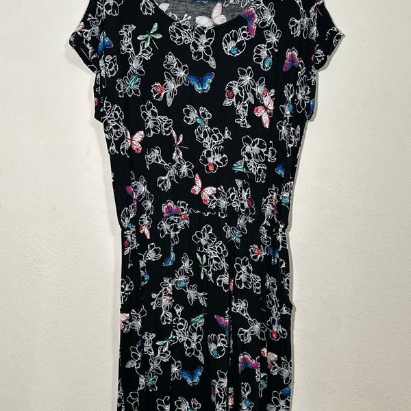 Apt. 9 Black Butterfly and Floral Print Short Sleeve Maxi Dress with Pockets