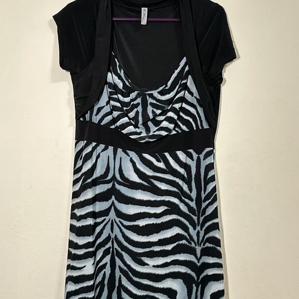 My Michelle Zebra Print Cowl Neck Dress with Faux Shrug Overlay