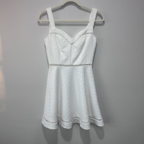 B. Darlin White Textured Fit & Flare Mini Dress with Crochet Ladder Trim Detail, Sz 3/4