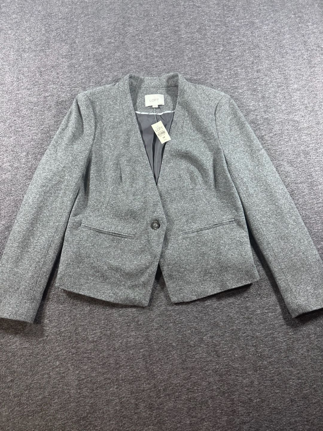 NWT LOFT Petite Grey Textured Open Front Single Button Blazer Jacket Size 12P 2