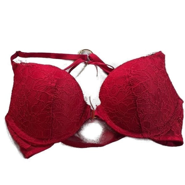 VICTORIAS SECRET Red Lace String and Gold Chain Back Push Up Bra 32C Strappy