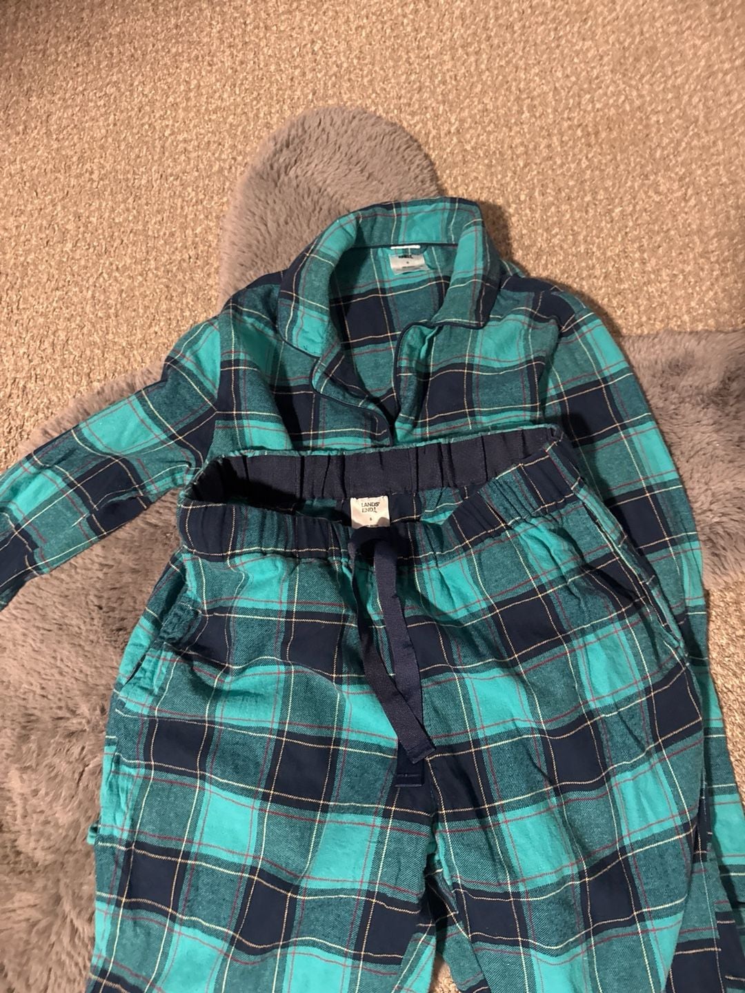 Lands' End Women's Flannel Pajama Set Blue Green Plaid Long Sleeve 1
