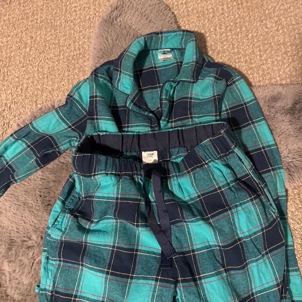 Lands' End Women's Flannel Pajama Set Blue Green Plaid Long Sleeve