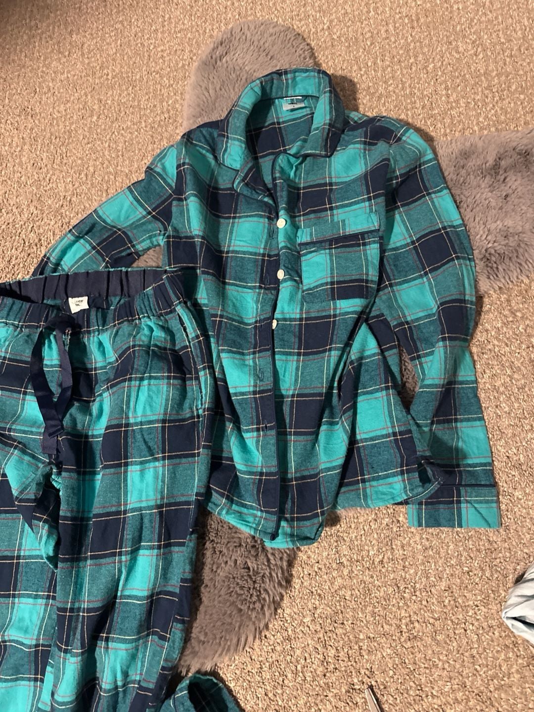 Lands' End Women's Flannel Pajama Set Blue Green Plaid Long Sleeve 2