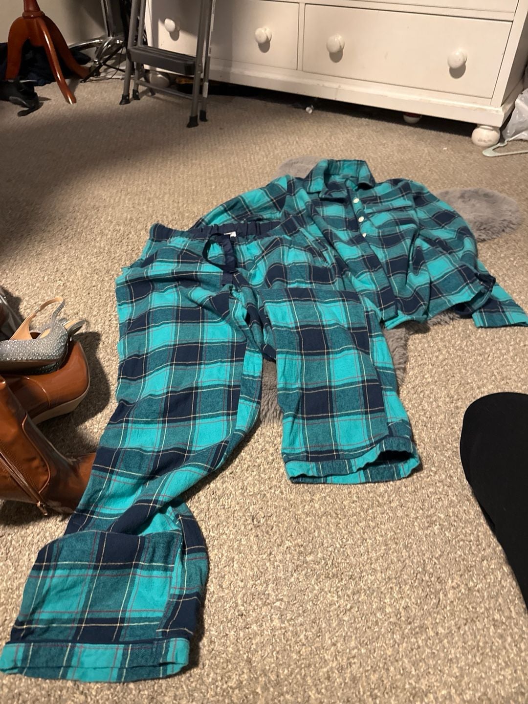 Lands' End Women's Flannel Pajama Set Blue Green Plaid Long Sleeve 3