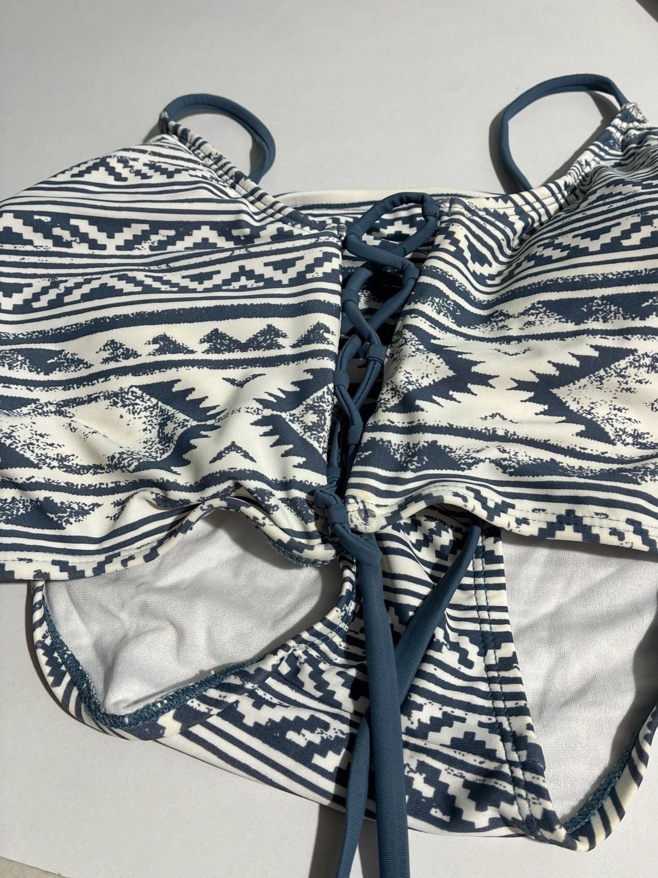 Indigo Rein Blue and White Tribal Print Lace-Up Bikini Set NWT 5