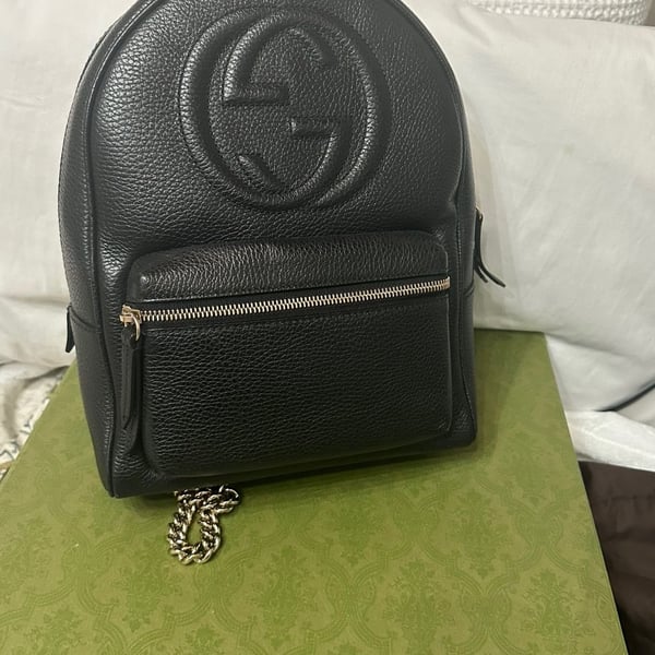 Gucci Soho Interlocking G Chain Backpack Black Pebbled Leather