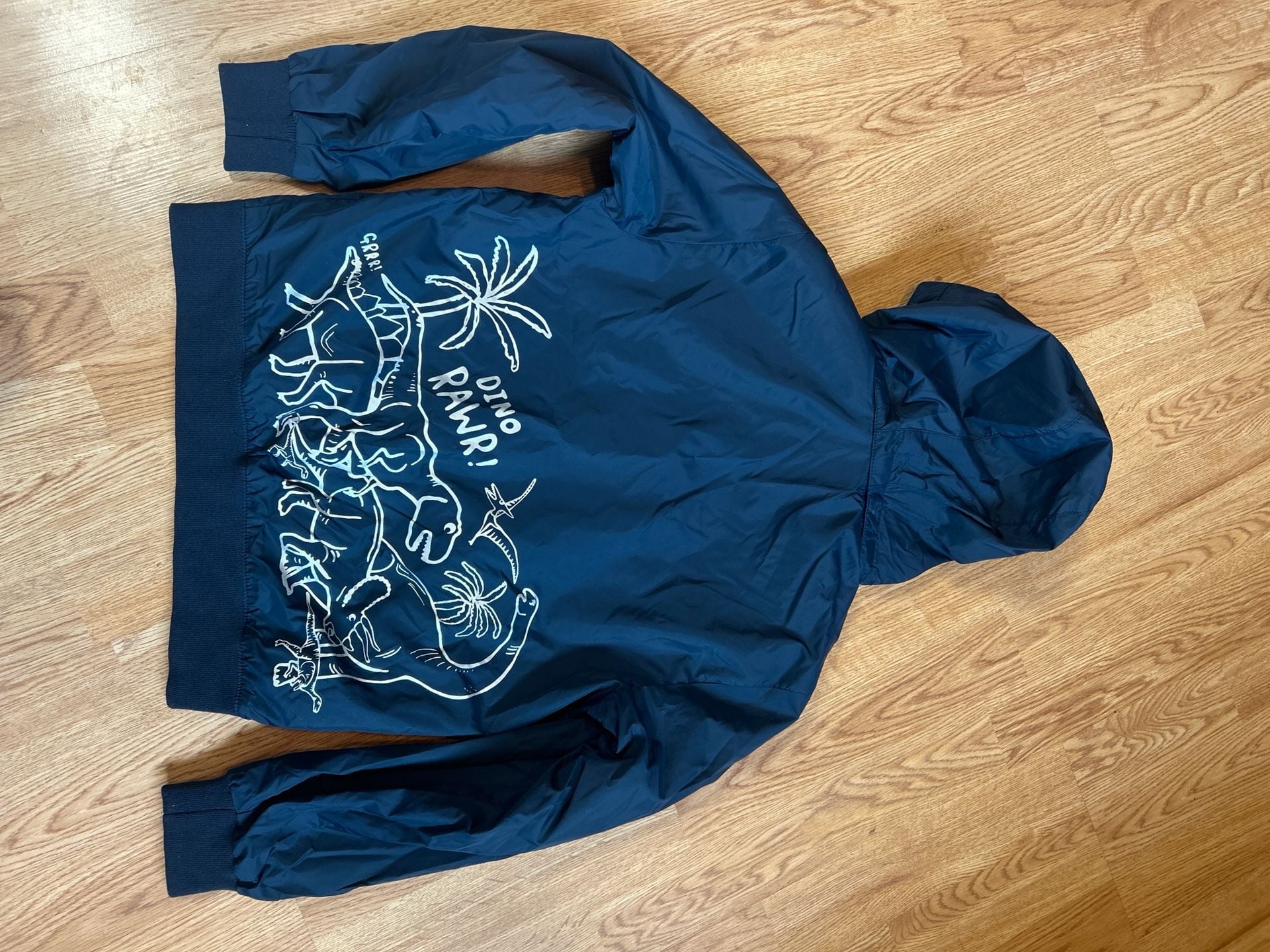 H&M Boys Navy Blue Dinosaur Windbreaker Hooded Jacket with Graphic Back 8