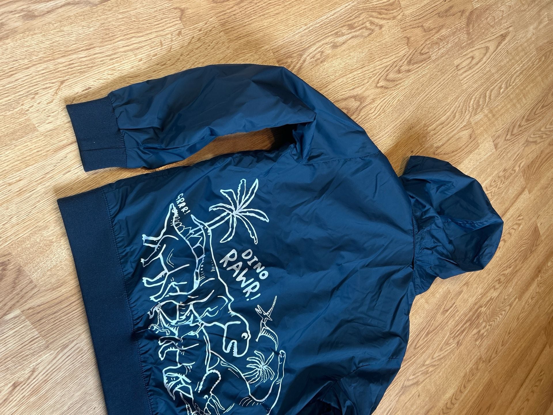 H&M Boys Navy Blue Dinosaur Windbreaker Hooded Jacket with Graphic Back 9