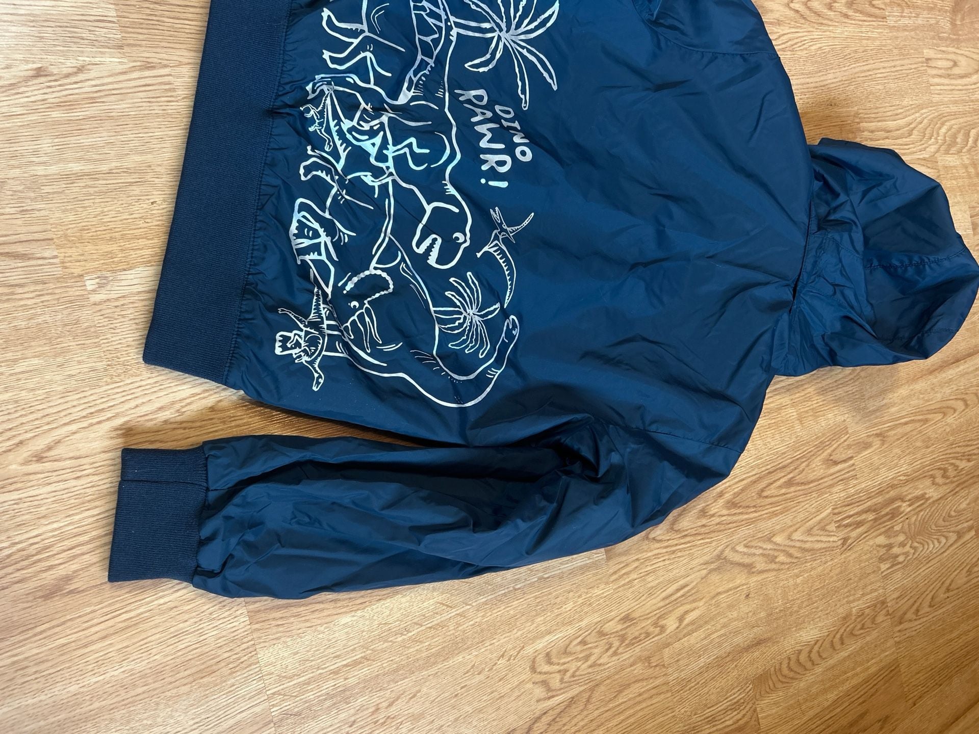H&M Boys Navy Blue Dinosaur Windbreaker Hooded Jacket with Graphic Back 10