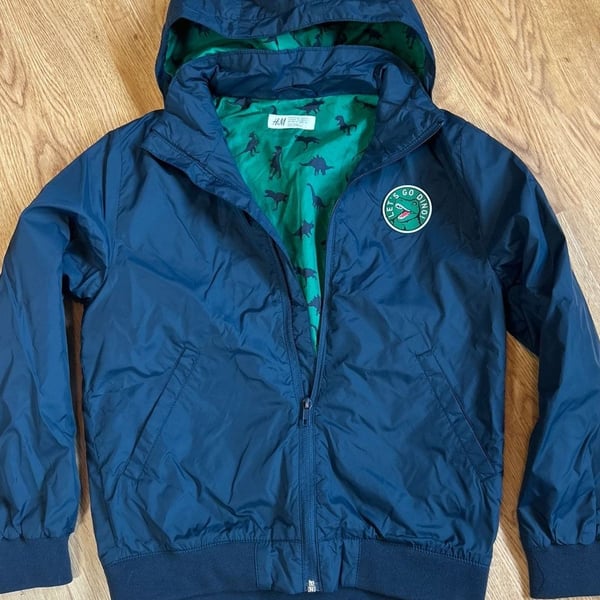 H&M Boys Navy Blue Dinosaur Windbreaker Hooded Jacket with Graphic Back