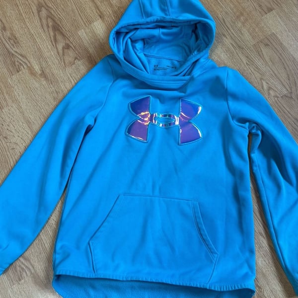 Under Armour Youth Girls Blue Armour Fleece Pullover Hoodie with Iridescent Logo