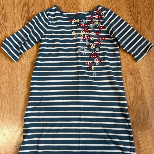 Tea Collection Girls Blue and White Striped Floral Embroidered Long Sleeve Dress Size 8