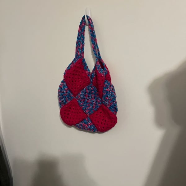 Handmade Crochet Patchwork Granny Square Tote Bag in Pink and Blue