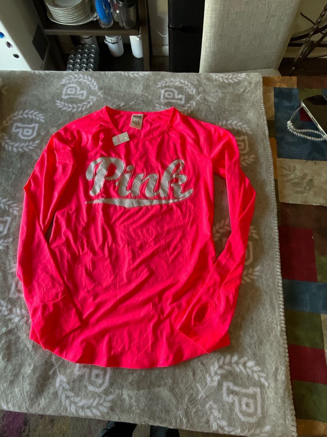 Victoria's Secret PINK Neon Hot Pink Long Sleeve Ultimate Mesh Logo Graphic Shirt 1