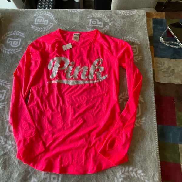 Victoria's Secret PINK Neon Hot Pink Long Sleeve Ultimate Mesh Logo Graphic Shirt