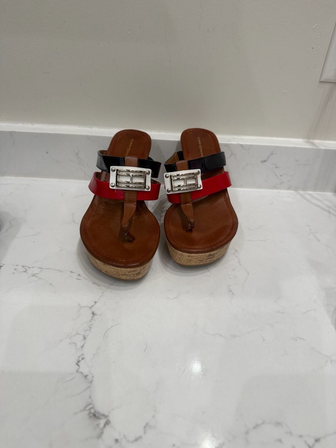 Tommy Hilfiger Manne Cork Wedge Sandals Red Navy White 2