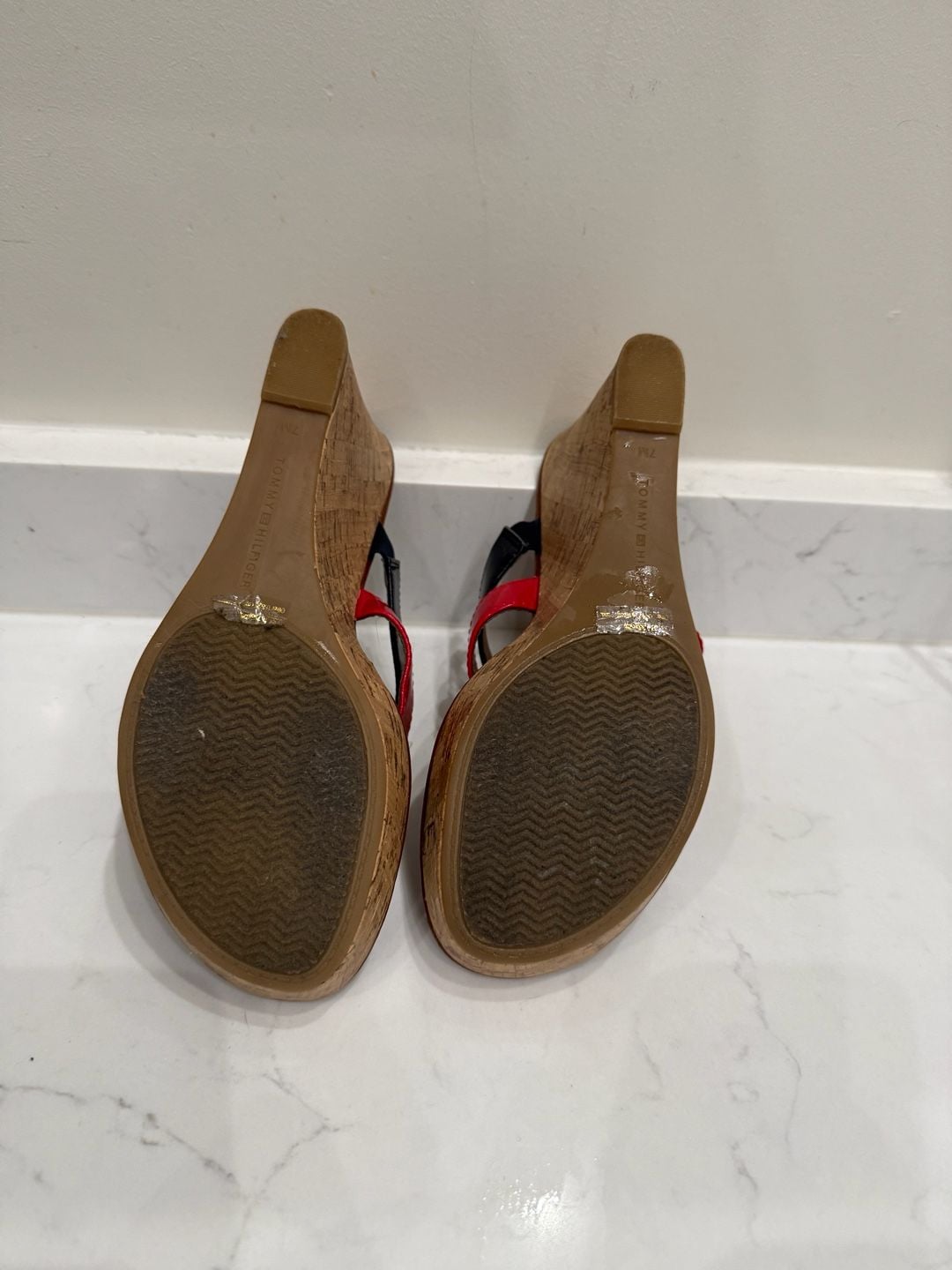Tommy Hilfiger Manne Cork Wedge Sandals Red Navy White 7
