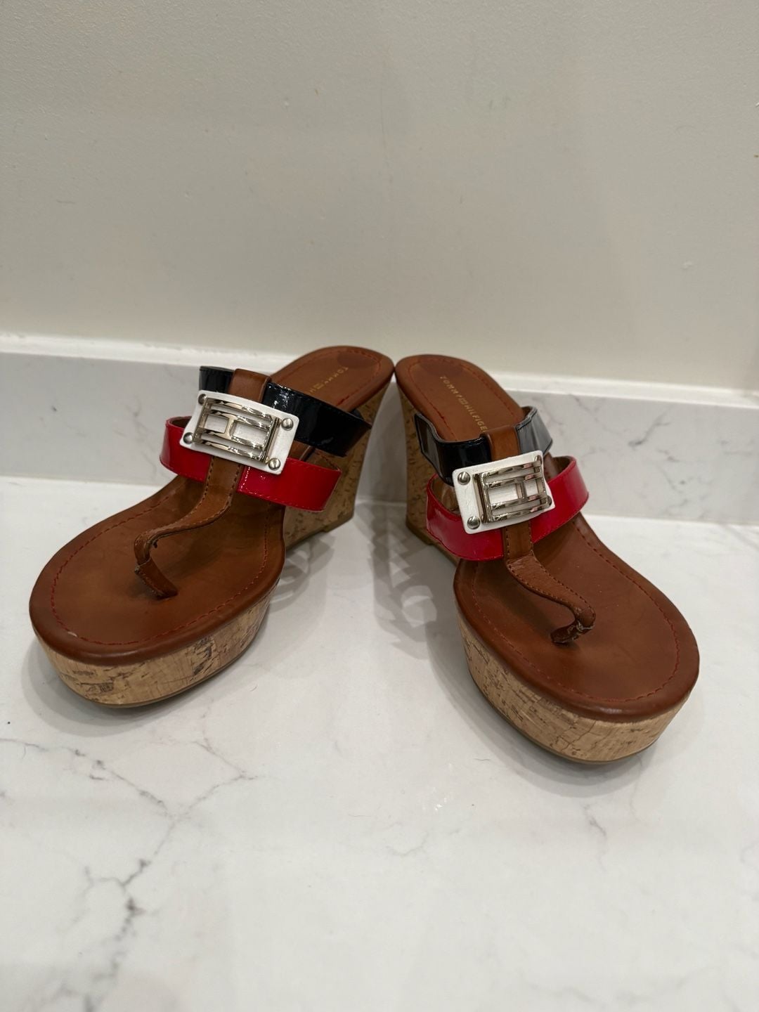 Tommy Hilfiger Manne Cork Wedge Sandals Red Navy White 8