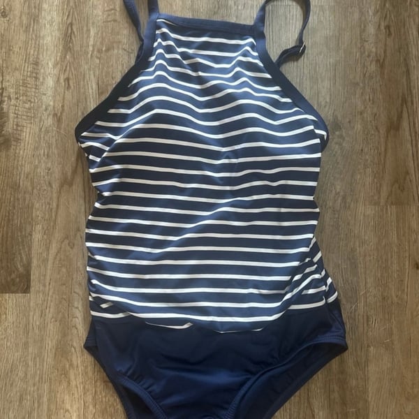 Cleanwater Women's Navy and White Nautical Striped High Neck Tankini Top