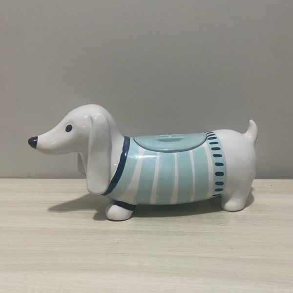 Threshold Dachshund Weiner Dog Stoneware Cookie Jar with Blue Striped Sweater