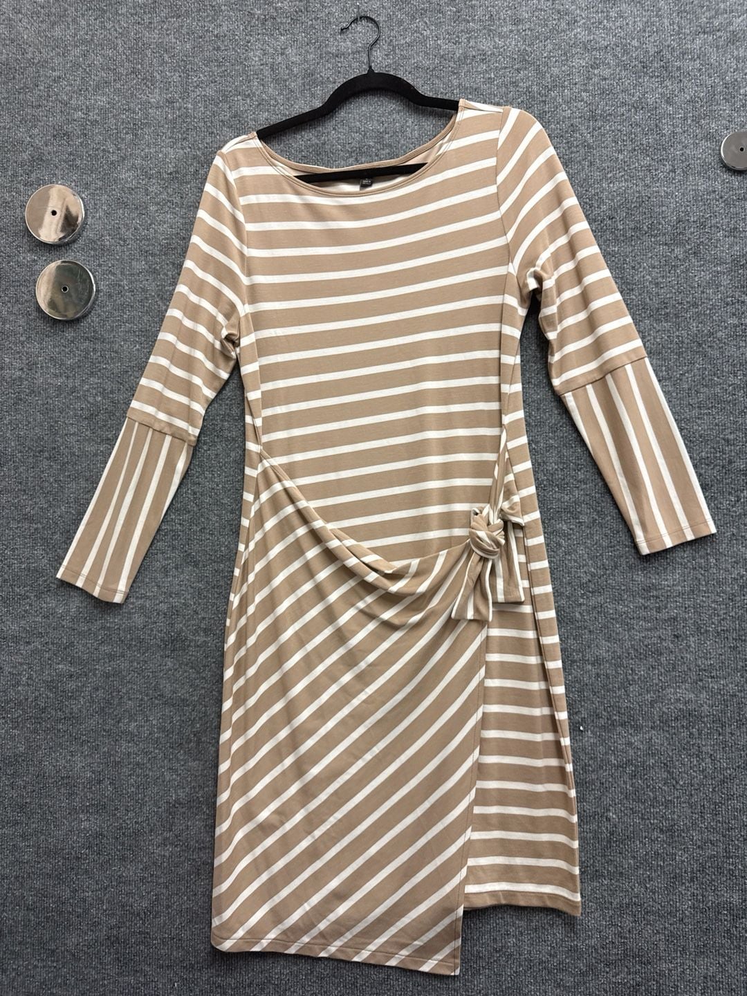 Ann Taylor Tan and White Striped Long Sleeve Side Tie Waist Knit Sheath Dress 2
