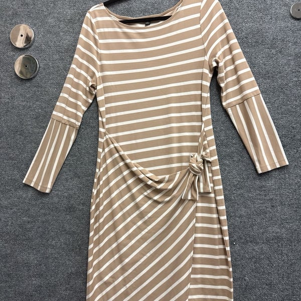 Ann Taylor Tan and White Striped Long Sleeve Side Tie Waist Knit Sheath Dress