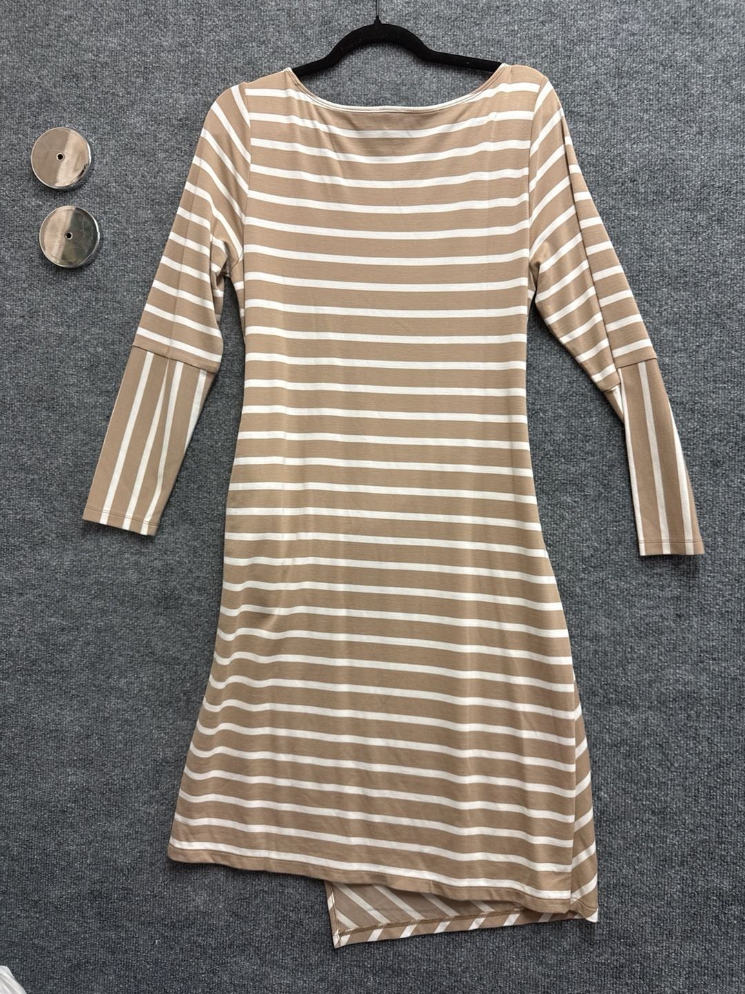 Ann Taylor Tan and White Striped Long Sleeve Side Tie Waist Knit Sheath Dress 4