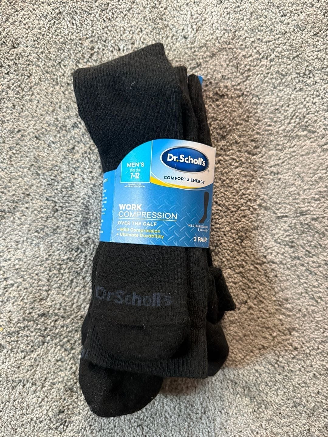 Dr. Scholl's Men's 3-Pair Work Compression Over the Calf Socks, Shoe Size 7-12, Black 1