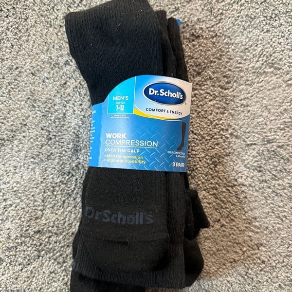 Dr. Scholl's Men's 3-Pair Work Compression Over the Calf Socks, Shoe Size 7-12, Black