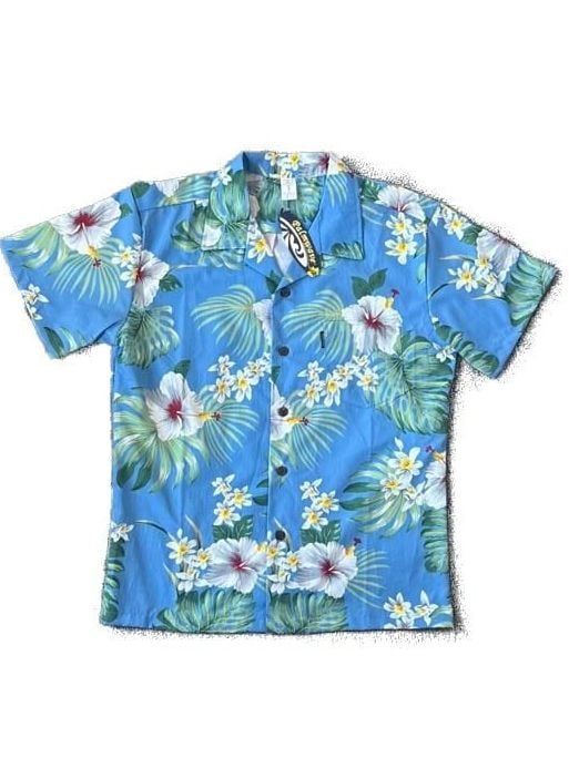 Palmwave Men's Hawaiian Shirt Blue Tropical Hibiscus Floral Short Sleeve Size Medium 2