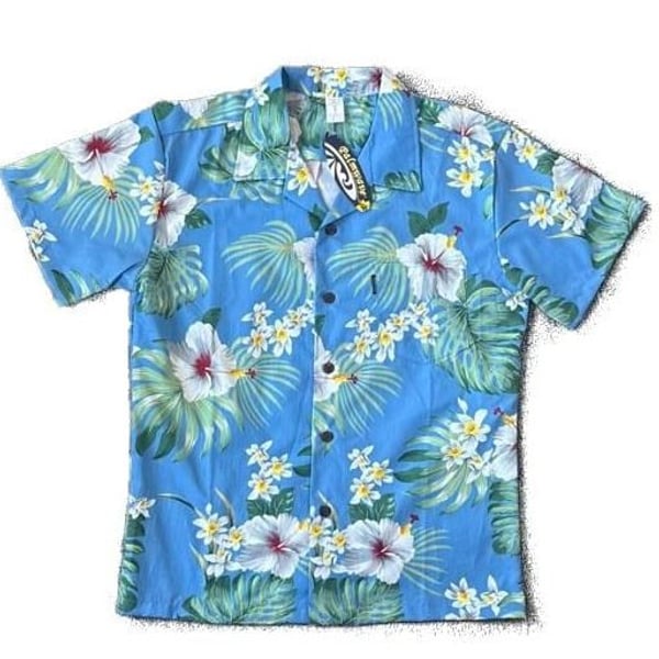 Palmwave Men's Hawaiian Shirt Blue Tropical Hibiscus Floral Short Sleeve Size Medium