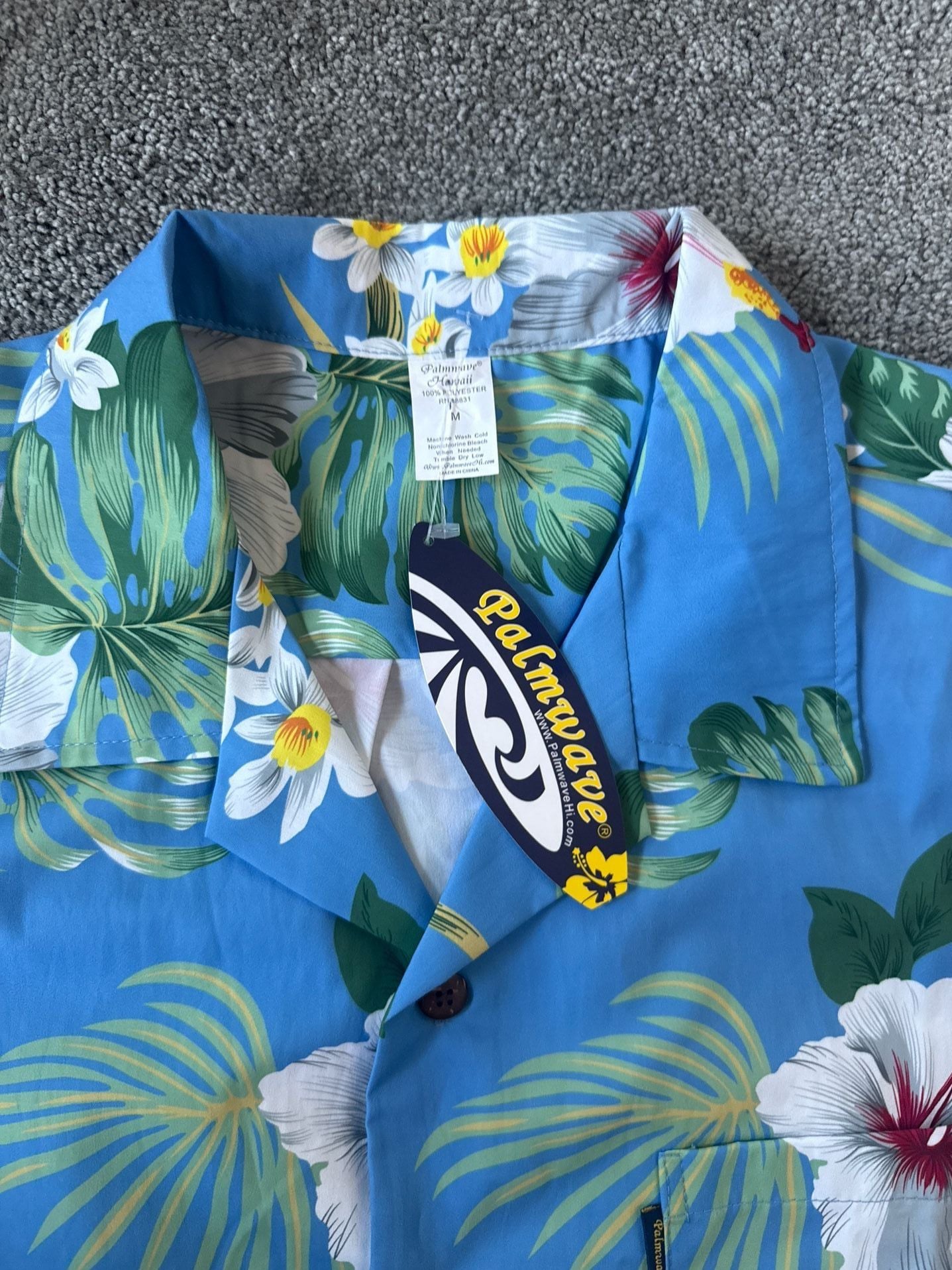 Palmwave Men's Hawaiian Shirt Blue Tropical Hibiscus Floral Short Sleeve Size Medium 5