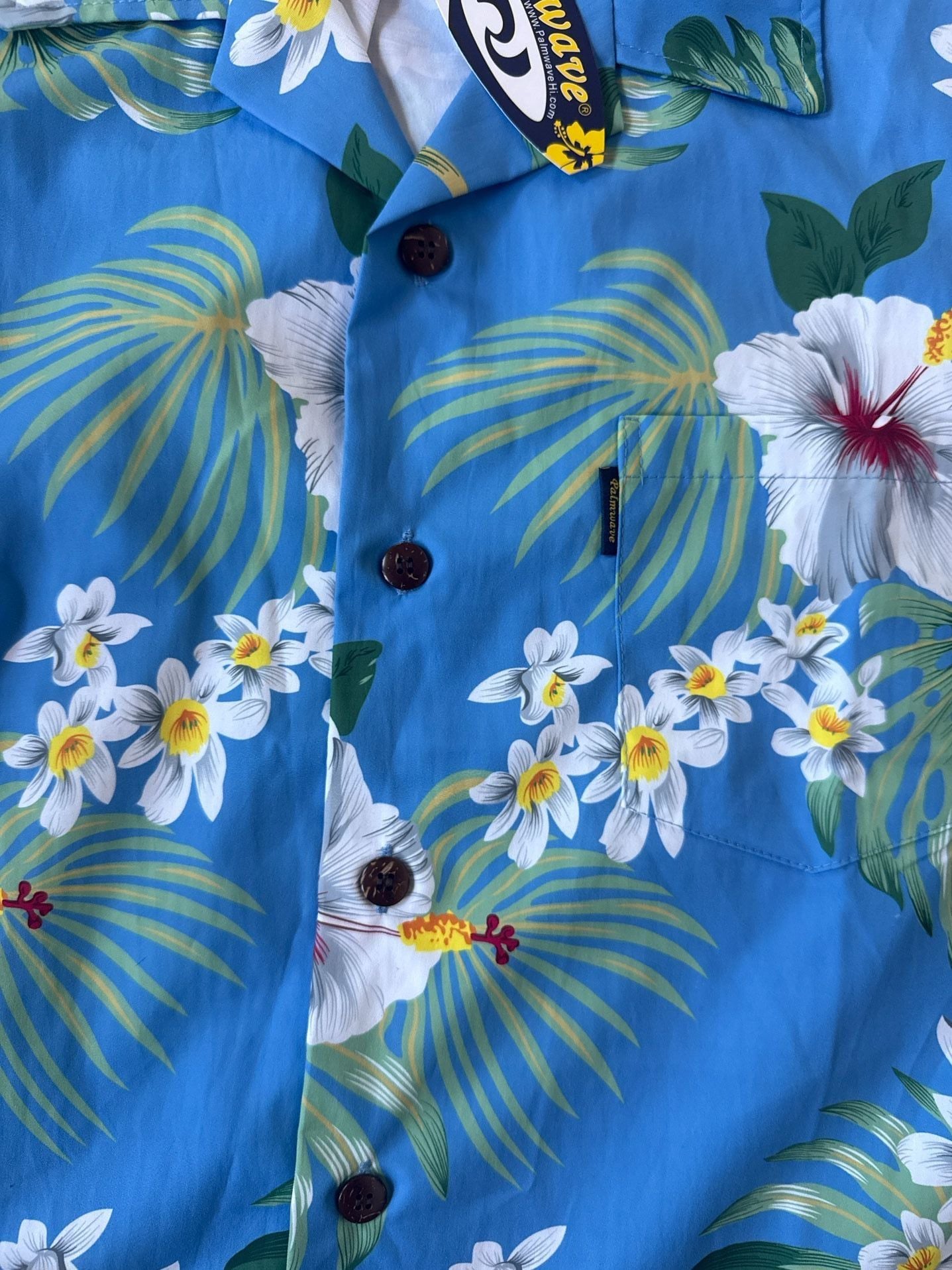 Palmwave Men's Hawaiian Shirt Blue Tropical Hibiscus Floral Short Sleeve Size Medium 7