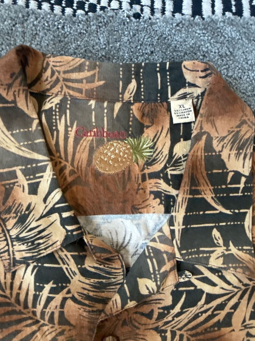Caribbean Men's XL Linen Rayon Blend Brown Tropical Floral Hawaiian Shirt 4
