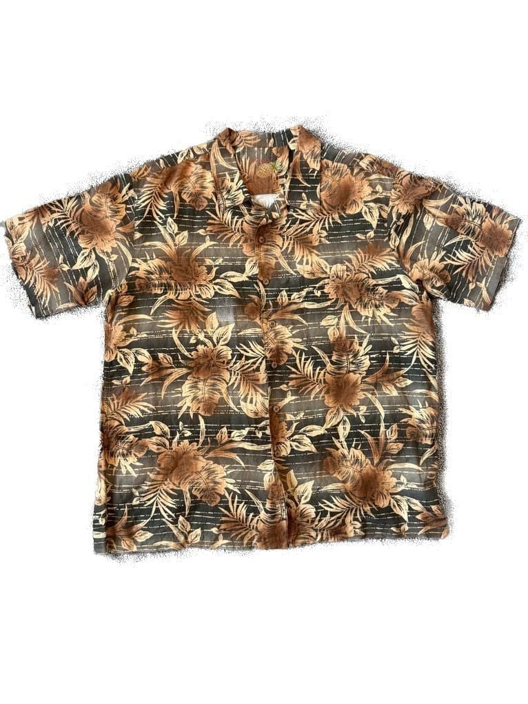 Caribbean Men's XL Linen Rayon Blend Brown Tropical Floral Hawaiian Shirt 2