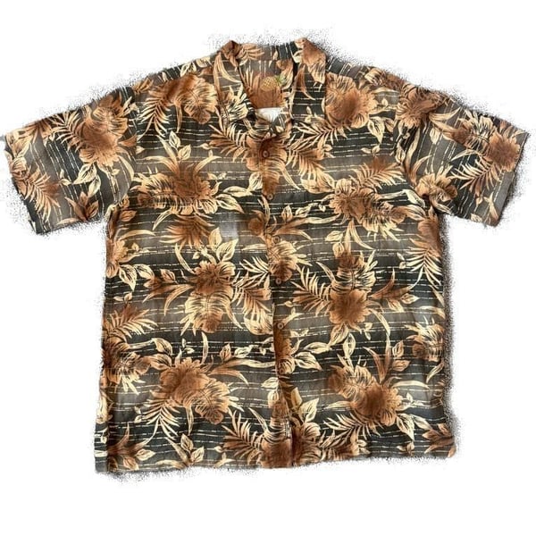 Caribbean Men's XL Linen Rayon Blend Brown Tropical Floral Hawaiian Shirt