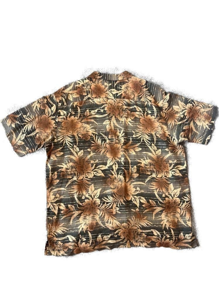 Caribbean Men's XL Linen Rayon Blend Brown Tropical Floral Hawaiian Shirt 3