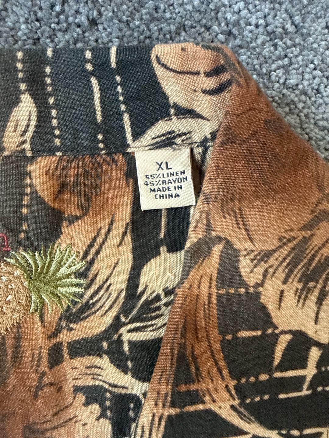Caribbean Men's XL Linen Rayon Blend Brown Tropical Floral Hawaiian Shirt 5