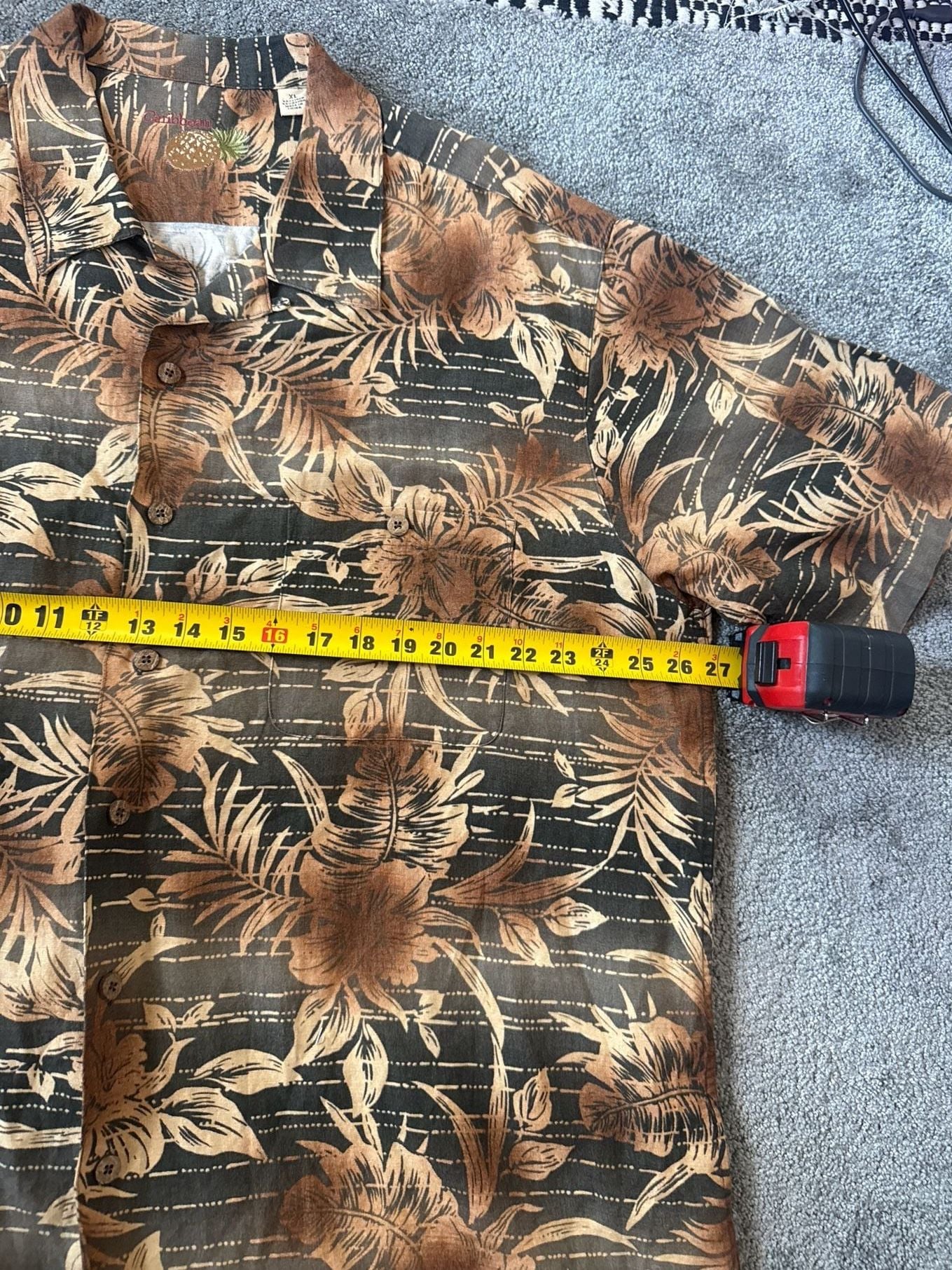 Caribbean Men's XL Linen Rayon Blend Brown Tropical Floral Hawaiian Shirt 7