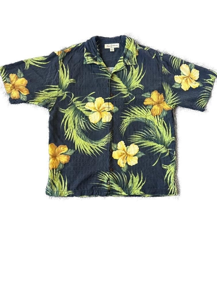 Tommy Bahama Men's Large 100% Silk Hawaiian Camp Shirt Black Floral Hibiscus 2