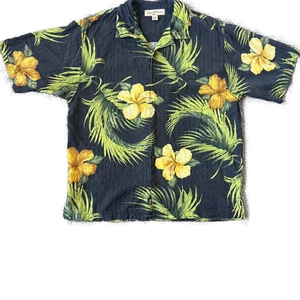 Tommy Bahama Men's Large 100% Silk Hawaiian Camp Shirt Black Floral Hibiscus